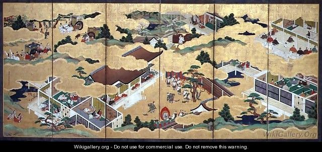 Scenes from The Tale of Genji, six-fold screen, Edo Period, 1677 2 - Fujiwara Tsunenobu