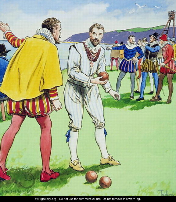 Sir Francis Drake 1540-3-96 playing bowls, from Peeps into the Past, published c.1900 - Trelleek