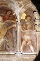 Musical angels with a trompe loeil cloister, detail of cherub playing a flute, from the interior west facade - Santi Di Tito
