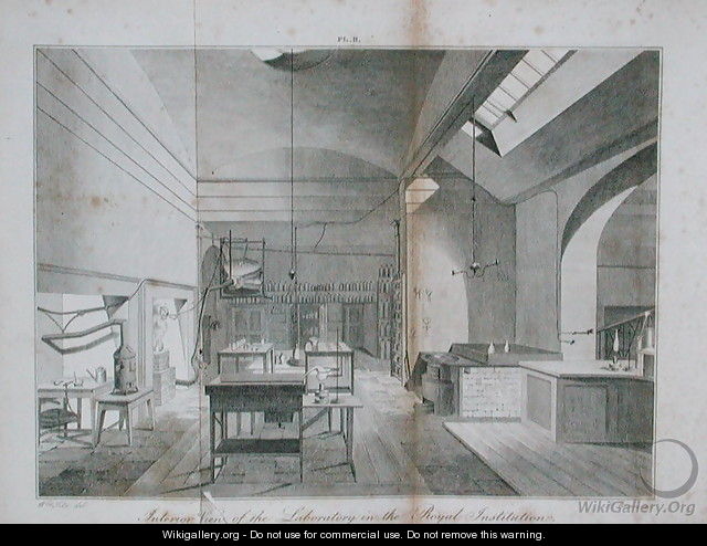 Interior of the Royal Institutions basement laboratory, from Manual of Chemistry, by W.T. Brande, engraved by James Basire, 1819 - William Tite