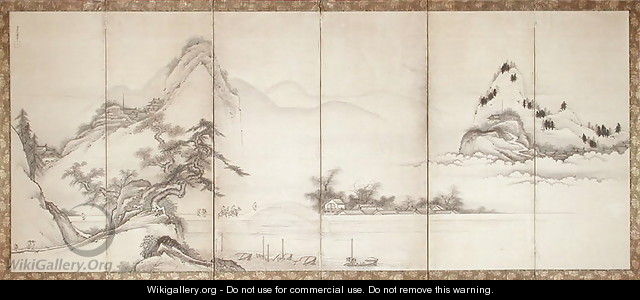Travellers on a lakeside bridge, c.1700 - Toetsu