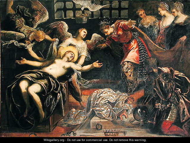 Saint Catherine of Alexandria receives a visit from the Roman Empress Faustina whilst in Prison - Jacopo Tintoretto (Robusti)