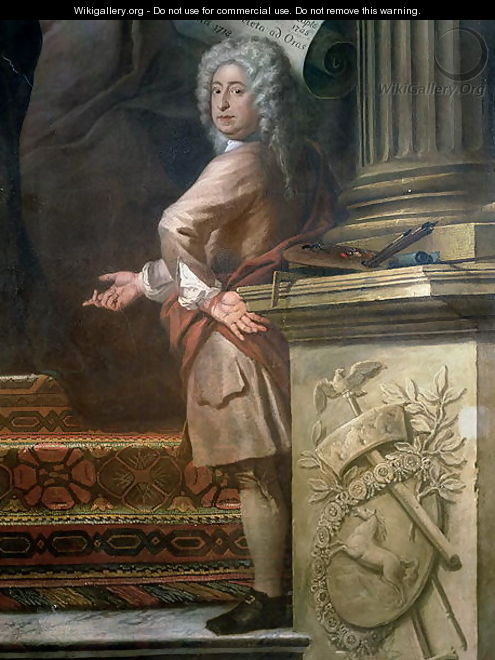 Rear wall painting of the Upper Hall glorifying George I (1660-1727) and the House of Hanover, detail of the artist, 1718-24 - Sir James Thornhill