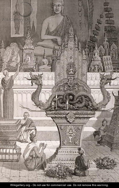 Interior of the Pagoda with Ancient-Antique Candle Stands at Xieng Cang, book illustration from A Journey of Exploration in Indo-China, pub. c.1873 - (after) Therond, Emile Theodore