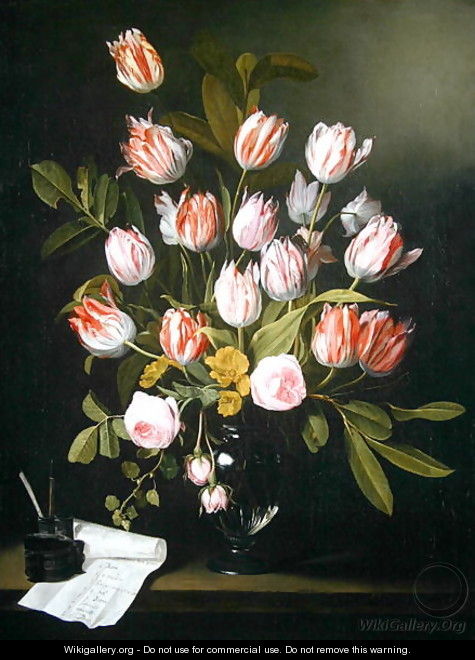 Tulips, yellow and pink roses in a glass vase - Jan Philip van Thielen