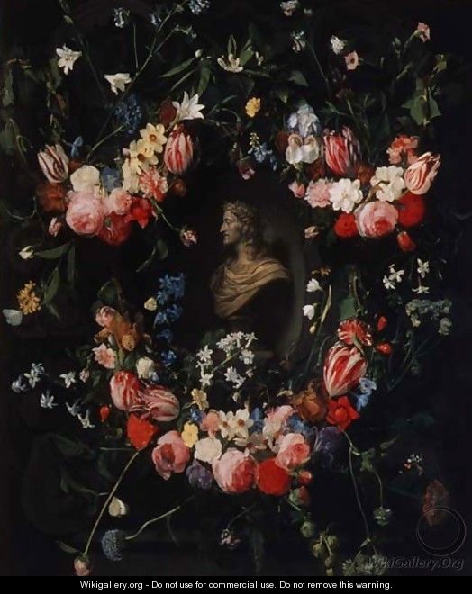 Garland of flowers surrounding a marble bust of Archduke Leopold Guglielmo, c.1647 - Daniel Seghers