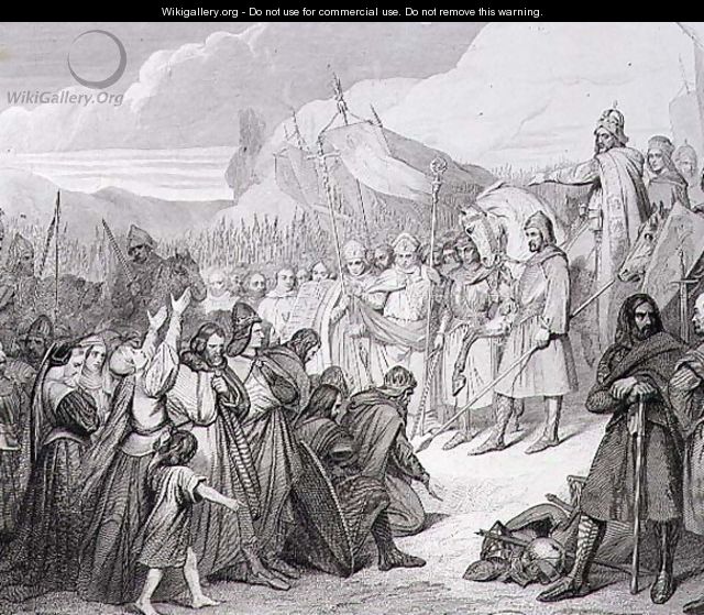 Charlemagne receives the Surrender of Witikind sic at Paderborn in 785, engraved by Joubert - Ary Scheffer