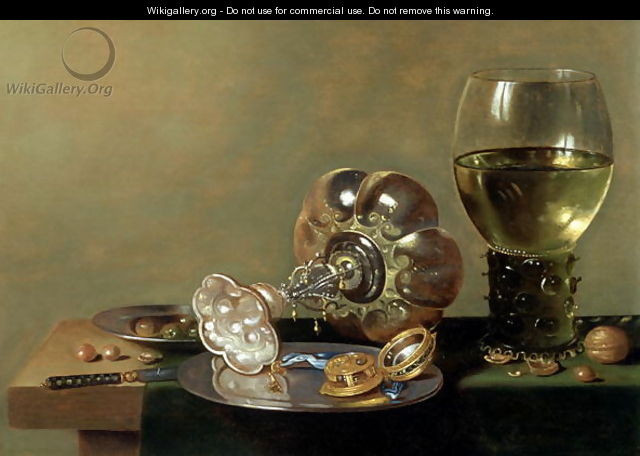 A still life with glass of wine, tazza and a pewter plate - Hans van Sant
