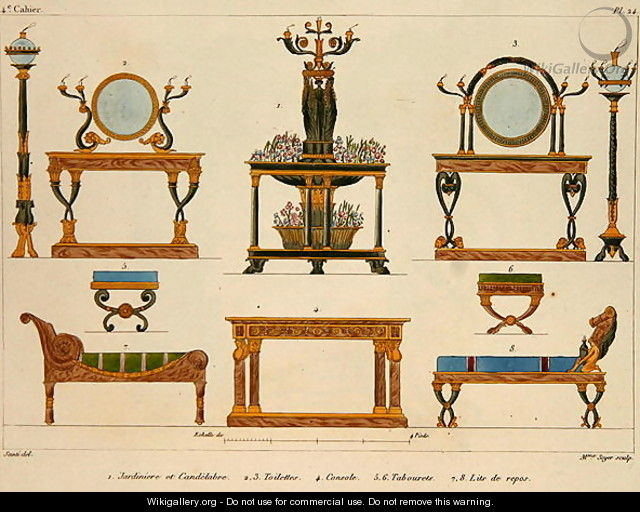Furniture designs, engraved by Mme Soyer, plate 24 from Modeles de Meubles et de decorations interieures pur les meubles, published 1828-41 - M. Santi