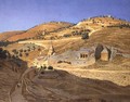 A hilly landscape with Arabs and a ruined temple - Hubert Sattler