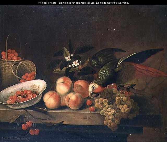 A still life of strawberries, raspberries and peaches with a parrot eating cherries - William Sartorius