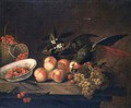 A still life of strawberries, raspberries and peaches with a parrot eating cherries - William Sartorius