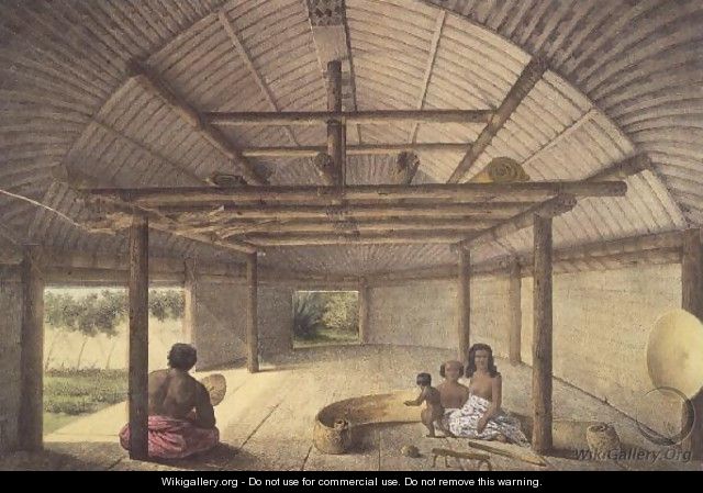 Interior view of the house of Chief Palous wives, Tonga Tabou, plate 73 from Voyage de la corvette lAstrolabe. Atlas historique, engraved by Jules David, pub. 1833 - (after) Sainson, Louis Auguste de