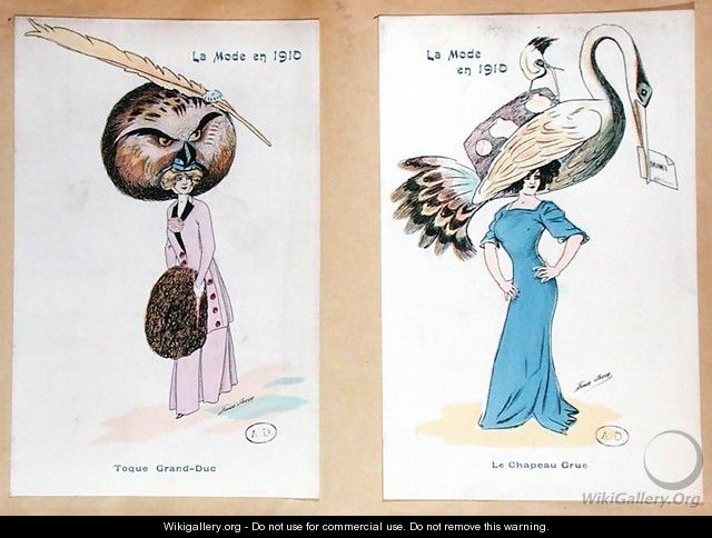 The Eagle Owl Fur Hat and The Crane Hat, cartoon fashion plates, 1910 - Xavier Sager