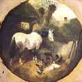 A Carthorse eating hay from a wheel-barrow in a farmyard - John Frederick Herring Snr