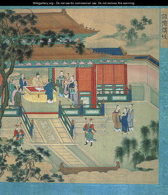 Emperor Hsien Ti (fl.189-220) with scholars translating classical texts, from a history of Chinese emperors - Anonymous Artist