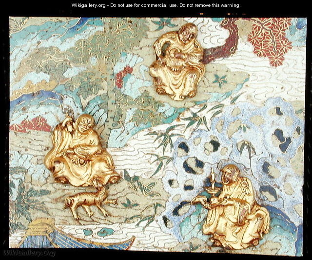 Detail from a pair of plaques depicting buddhist figures in a landscape, Qianlong period, 1736-95 - Anonymous Artist