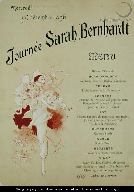 Mercredi 9 decembre 1896, Journee Sarah Bernhardt, Menu Card, 1896 - Jules Cheret