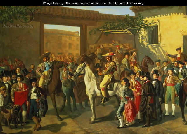 Horses in a Courtyard by the Bullring before the Bullfight, Madrid, 1853 - Manuel Castellano