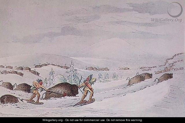 Hunting buffalo on snow-shoes - George Catlin