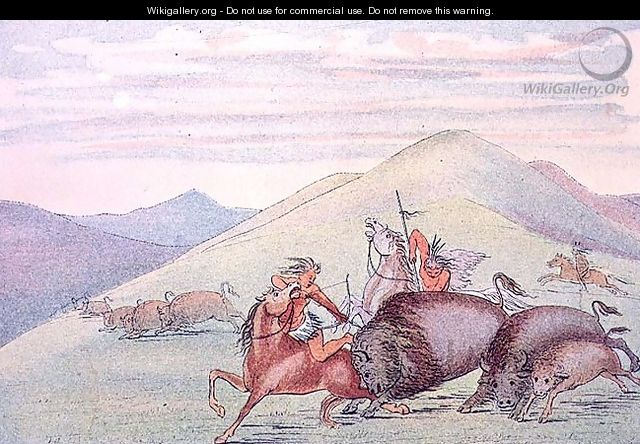 Buffalo bull protecting calf and mother under attack - George Catlin
