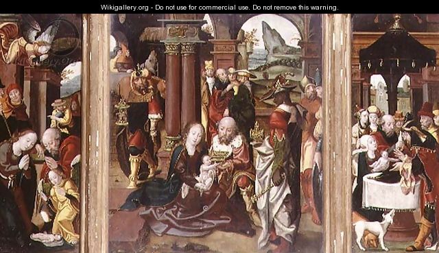 Triptych:The Adoration of the Magi (central panel), The Nativity (LH panel), The Presentation in the Temple (RH panel) - Follower of Pieter Coeck van Aelst