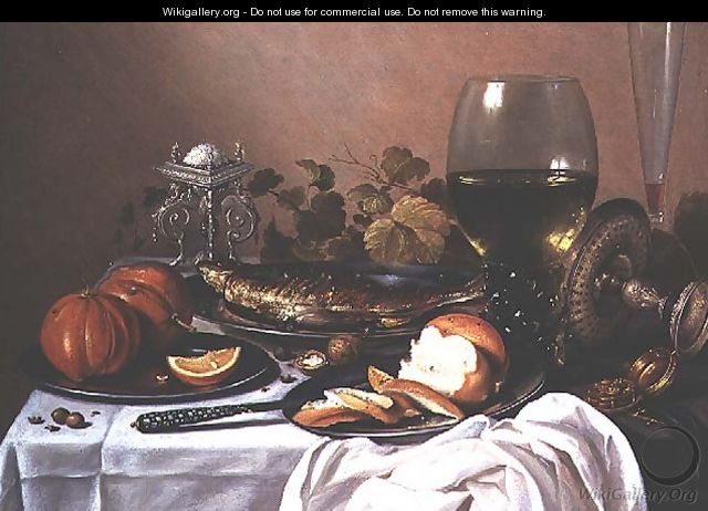 Still life with mackerel, pumpkin and bread - Pieter Claesz.