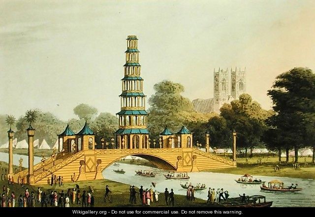 The Chinese Bridge and Pagoda, Erected in the Park in commemoration of the Glorious Peace of 1814 - John Heaviside Clark (after)
