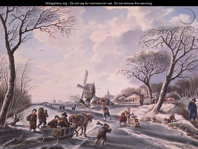 Dutch winter garden scene of windmill and skaters - W.F. Christ