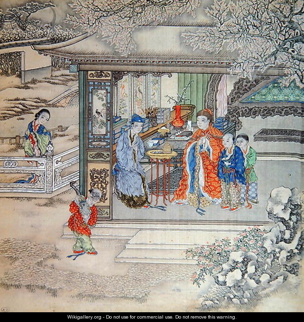 Scene in a garden with a family receiving visitors - Anonymous Artist