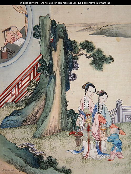 A man writing and his family by the side of a river - Anonymous Artist