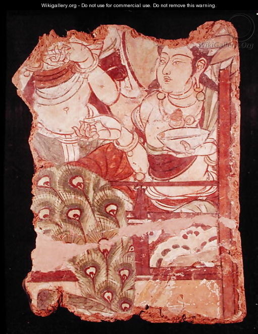 Fragment depicting a Buddhist paradise, from Duldur-Aqur, Xinjiang, c.700 AD - Anonymous Artist