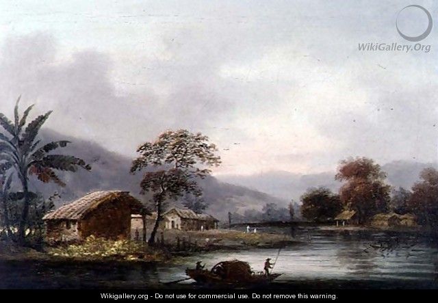 Figures Guiding a Sampan Round a Bend in a River, Past a Village - (circle of) Chinnery, George (1774-1852)