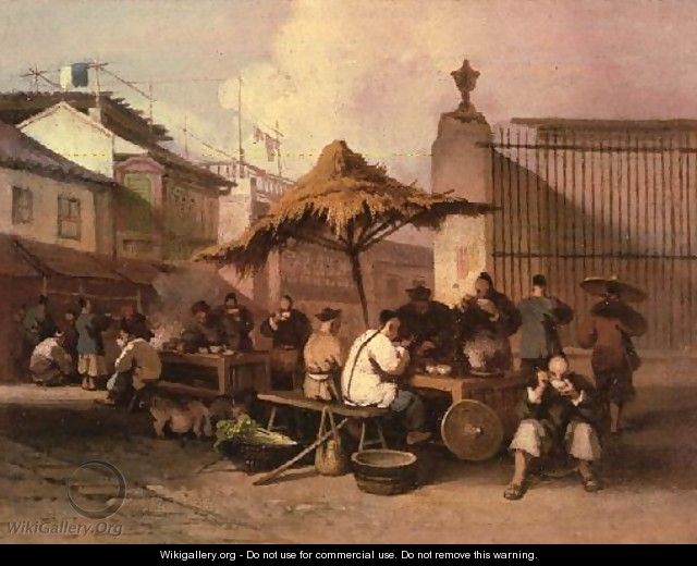 A Group of Chinese eating outside church of San Domingo - George Chinnery