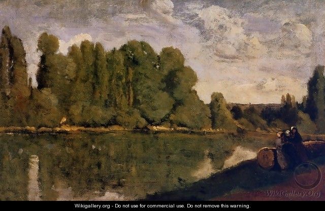 The Rhone - Three Women on the Riverbank Seated on a Tree Trunk - Jean-Baptiste-Camille Corot
