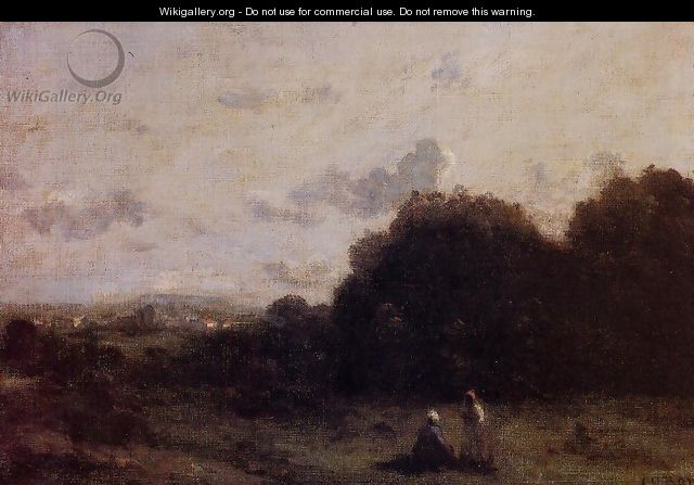 Fields with a Village on the Horizon, Two Figures in the Foreground - Jean-Baptiste-Camille Corot