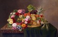 Still Life with a Basket of Fruit and a Wreath of Asters, Dahlias, Day Lillies and Morning Glories - Johan Laurentz Jensen