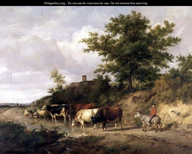 Wooded landscape with a boy on a donkey and cattle at a ford - Thomas Sidney Cooper