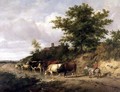 Wooded landscape with a boy on a donkey and cattle at a ford - Thomas Sidney Cooper