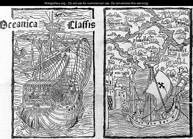 Drawing of the Santa Maria and a map describing the islands of Salvador, Espanola, Fernanda, Isabel and Conception, 1493 - (after) Columbus, Christopher