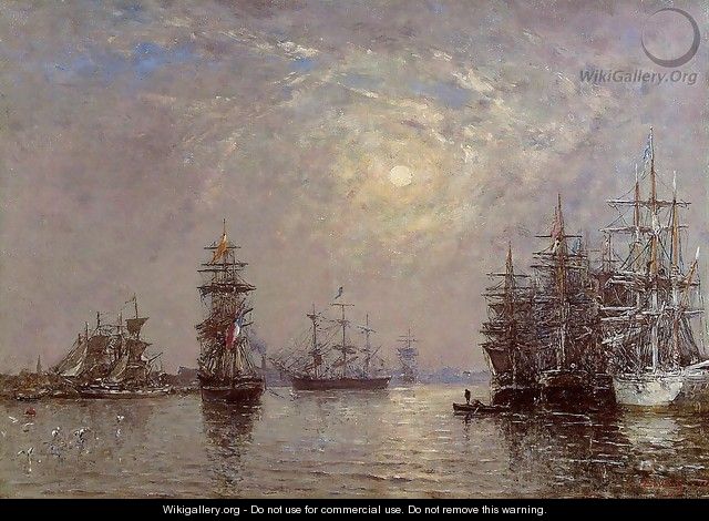 Le Havre: European Basin, Sailing Ships at Anchor, Sunset - Eugène Boudin