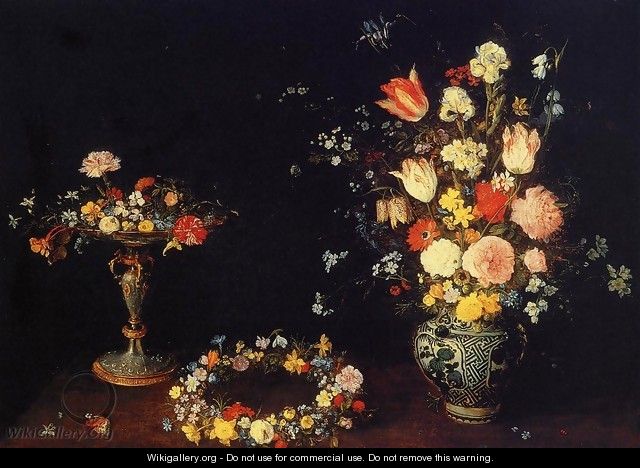 Still Life with a Tazza, Garland and Bouquet of Flowers in a Porcelain Vase - Jan The Elder Brueghel