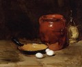 Still Life with a Pen, Jug, Bottle and Eggs on a Table - Antoine Vollon