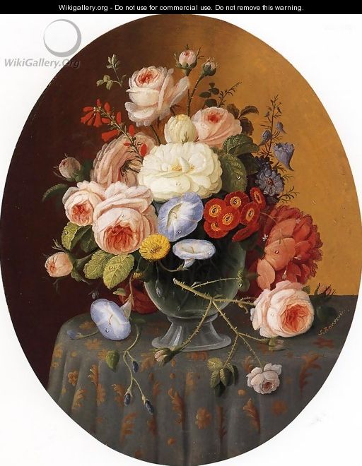 Floral Arrangement in a Glass Vase on a Clothed Table - Severin Roesen