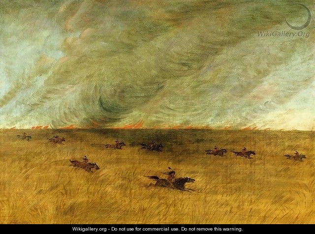 Fire in a Missouri Meadow and a Party of Sioux Indians Escaping from It, Upper Missouri - George Catlin