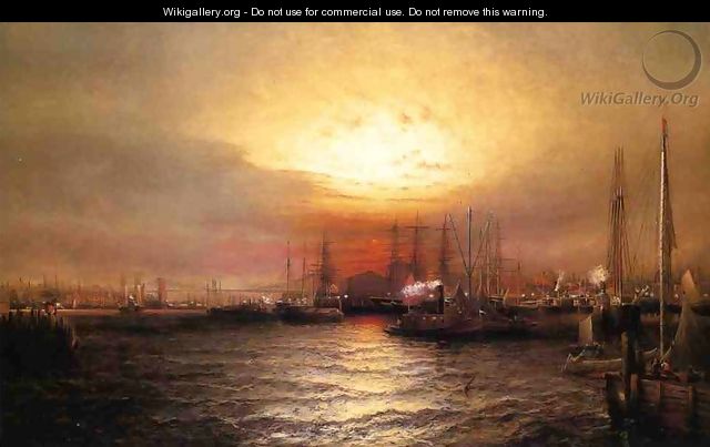 Sunrise from Chapman Dock and Old Brooklyn Navy Yard, East River, New York - Elisha (Taylor) Baker