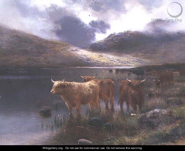 Highland Cattle by a Loch - Louis Bosworth Hurt