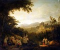 A Wooded Landscape with Washerwomen by a Fountain - Julius Caesar Ibbetson