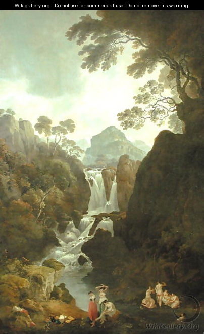 A Waterfall with Bathers - Julius Caesar Ibbetson