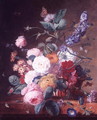 Roses, Dahlia Delphinium and other Flowers in a Basket on a Marble Ledge - Jan Van Huysum